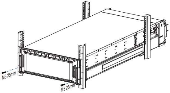 Secure the enclosure to the front rack posts with two M5 25mm screws.