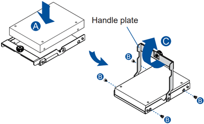 Secure the SSD to the tray using four of the provided screws