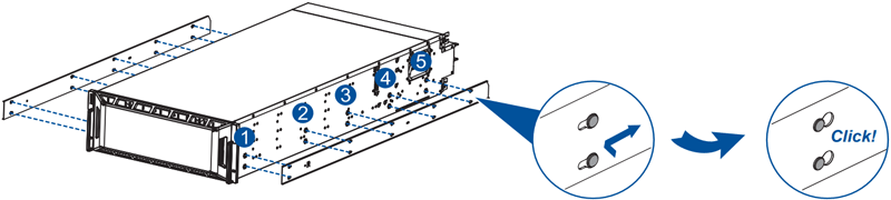Ensure that the pins on the enclosure click into the holes in the inner rails